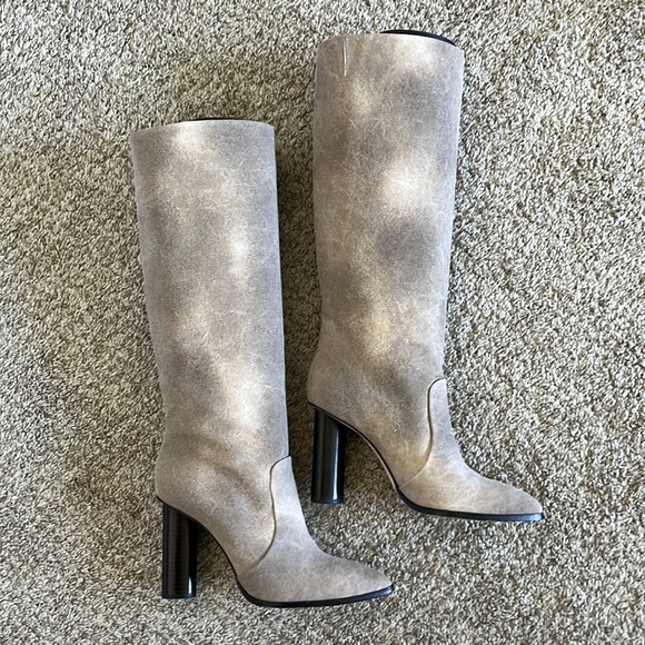 PAIGE Kara Boots Tie-Dye Canvas Knee High Pointed Toe Taupe - Size 9